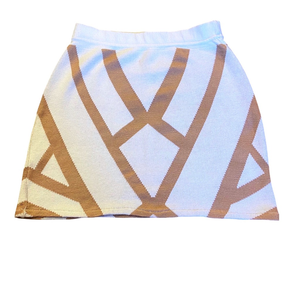 Geometric Mini Skirt Knit Tan‎ & White Patterned Skater Skirt M